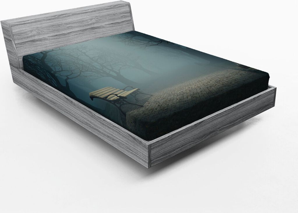 ABAKUHAUS Wald Spannbetttuch, Bank Im Park Auf Dunkler Mysteriöser Nacht Furchtsamer Waldhorror Lebensraum Design, 150 x 190 cm, Creme Blau