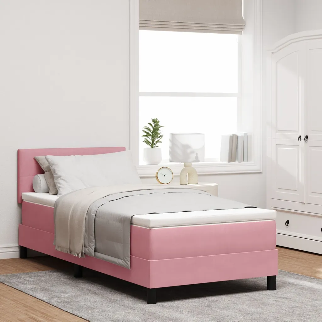 Lit Boxspring 100x200 Velours Rose contre le mal de dos avec matelas