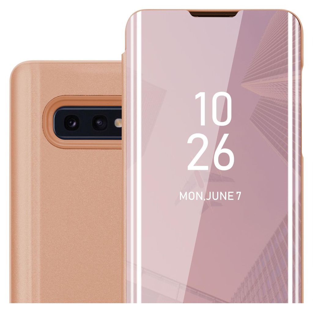 A close-up view of a pink smartphone case with a transparent cover displaying the time and date.