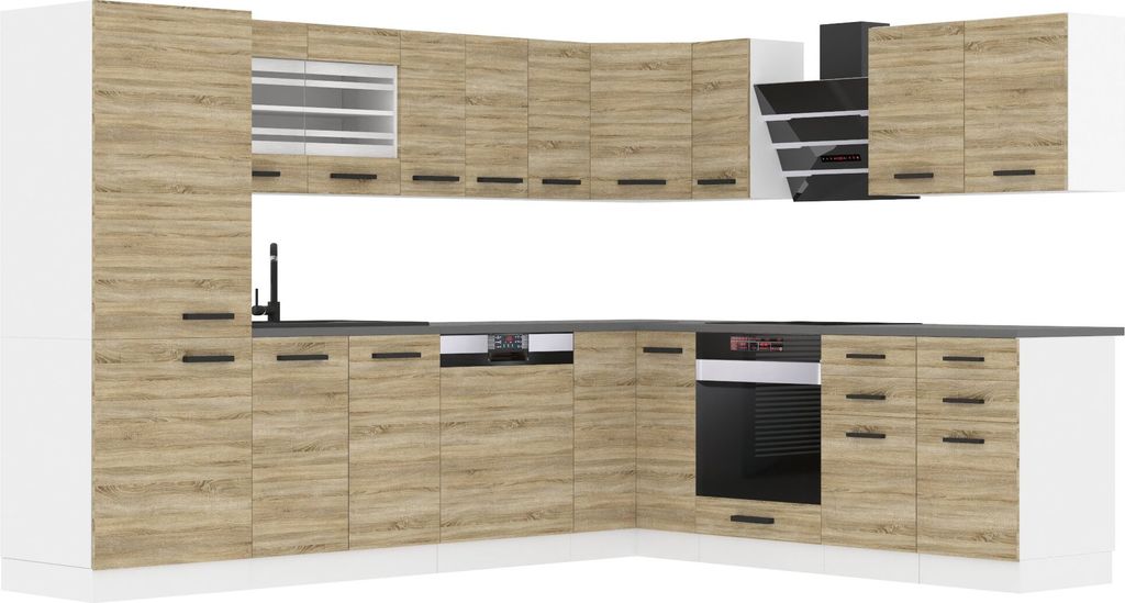 Belini Küchenzeile Küchenblock Küche L-Form JULIE Küchenmöbel mit Griffe, Einbauküche ohne Elektrogeräten mit Hängeschränke und Unterschr...