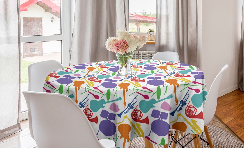 ABAKUHAUS Musik Runde Tischdecke, Bunte Instruments Bass, Kreis Tischdecke Abdeckung für Esszimmer Küche Dekoration, 150 cm, Mehrfarbig