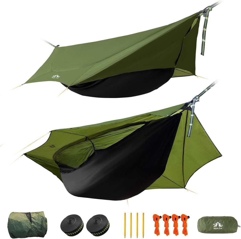 Night Cat Hängematte Zelt 1 Person: Leichte Tragbar Hängematte Mit Moskitonetz und Tarp wasserdichte Wandern Camping im Garten Hinterhof Wilde