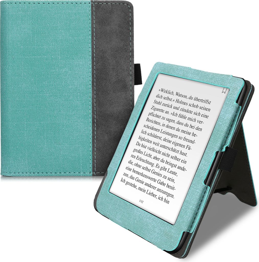 kwmobile Hülle kompatibel mit Tolino Shine 3 Hülle - Flip Case mit Handschlaufe - Kunstleder Cover - Mintgrün Dunkelgrau