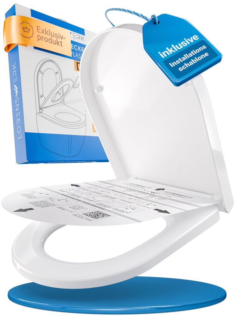 A white toilet seat with its lid open, showing an instruction sheet and a blue base. A blue tag with text hangs from the lid, and a blue and yellow box is visible in the background.