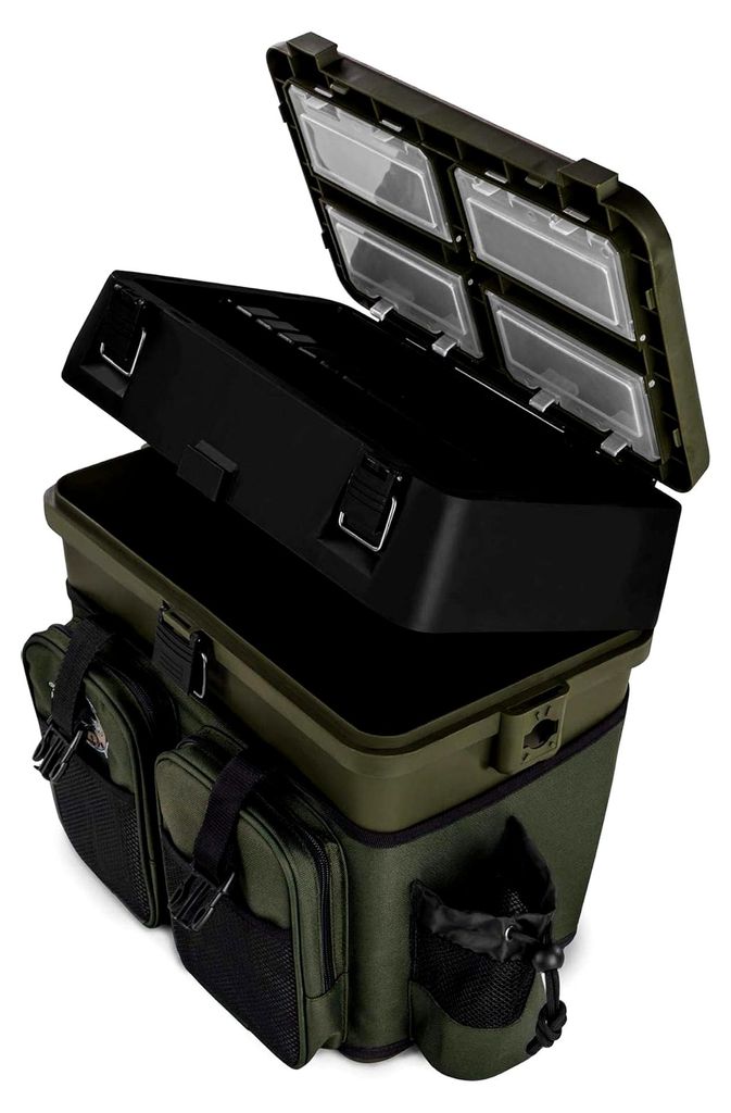 Sitzkiepe Angelbox mit 4 Tackle Boxen in Oliv