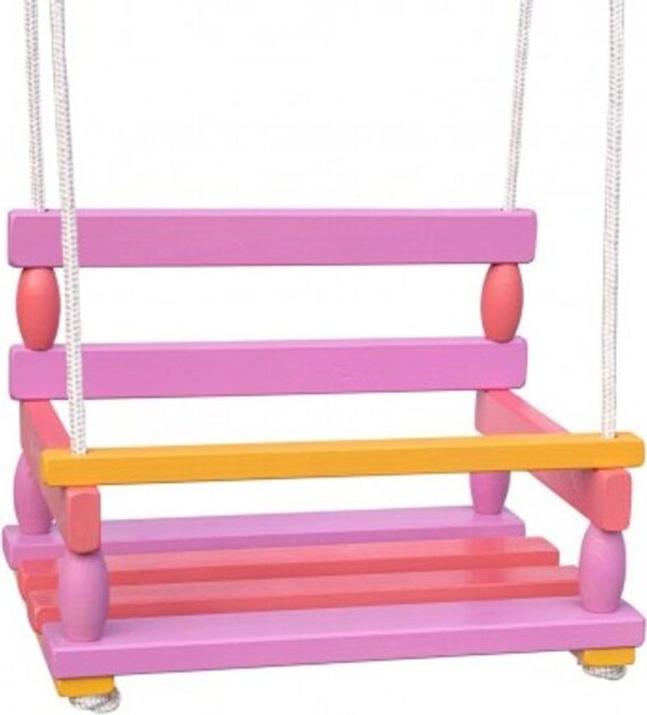 A colorful wooden swing for children, suspended by ropes against a white background.