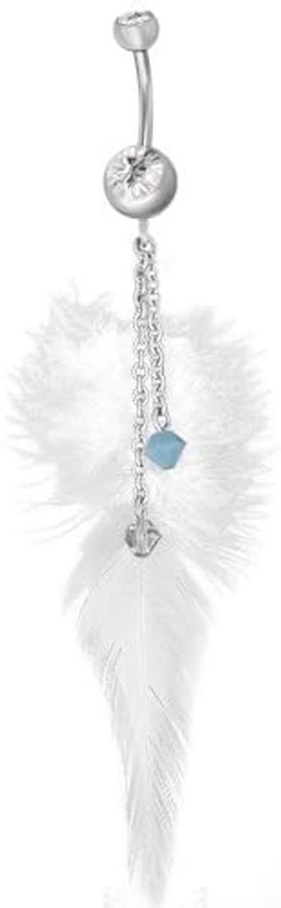 Karisma Bauchnabel Federn Anhänger Weiss mit Kristall Elements Höhe 10cm Edelstahl 316L