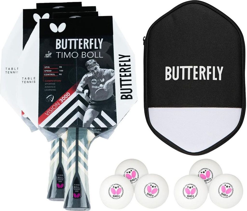 Butterfly 2x Timo Boll Vision 3000 Tischtennisschläger + Tischtennishülle + 6x 40+ 3*** Tischtennisbälle | Tischtennis TT Tabletennis