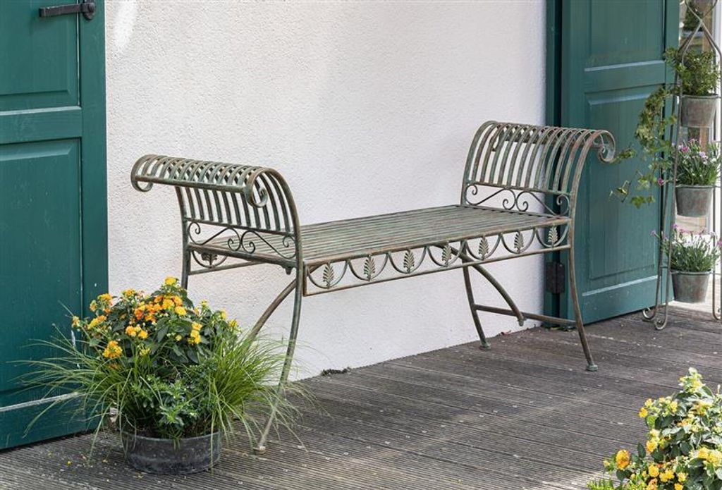 Banc de jardin "œil de paon" en métal, patiné vert en Image du produit 
