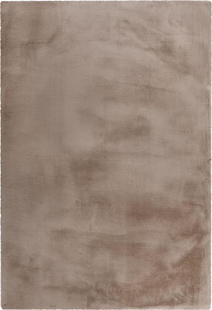 A top-down view of a taupe rug.