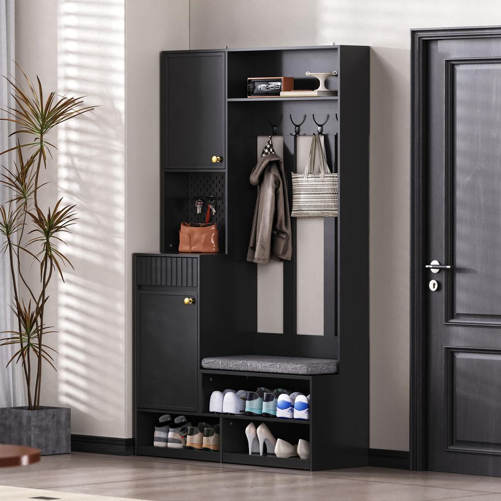 Merax Garderobenständer mit Schuhbank, Flurgarderobe mit Schubladen & Türen, 4 Dreifach-Haken, Stecktafel aus Metall, 100×180×35 cm, Schwarz