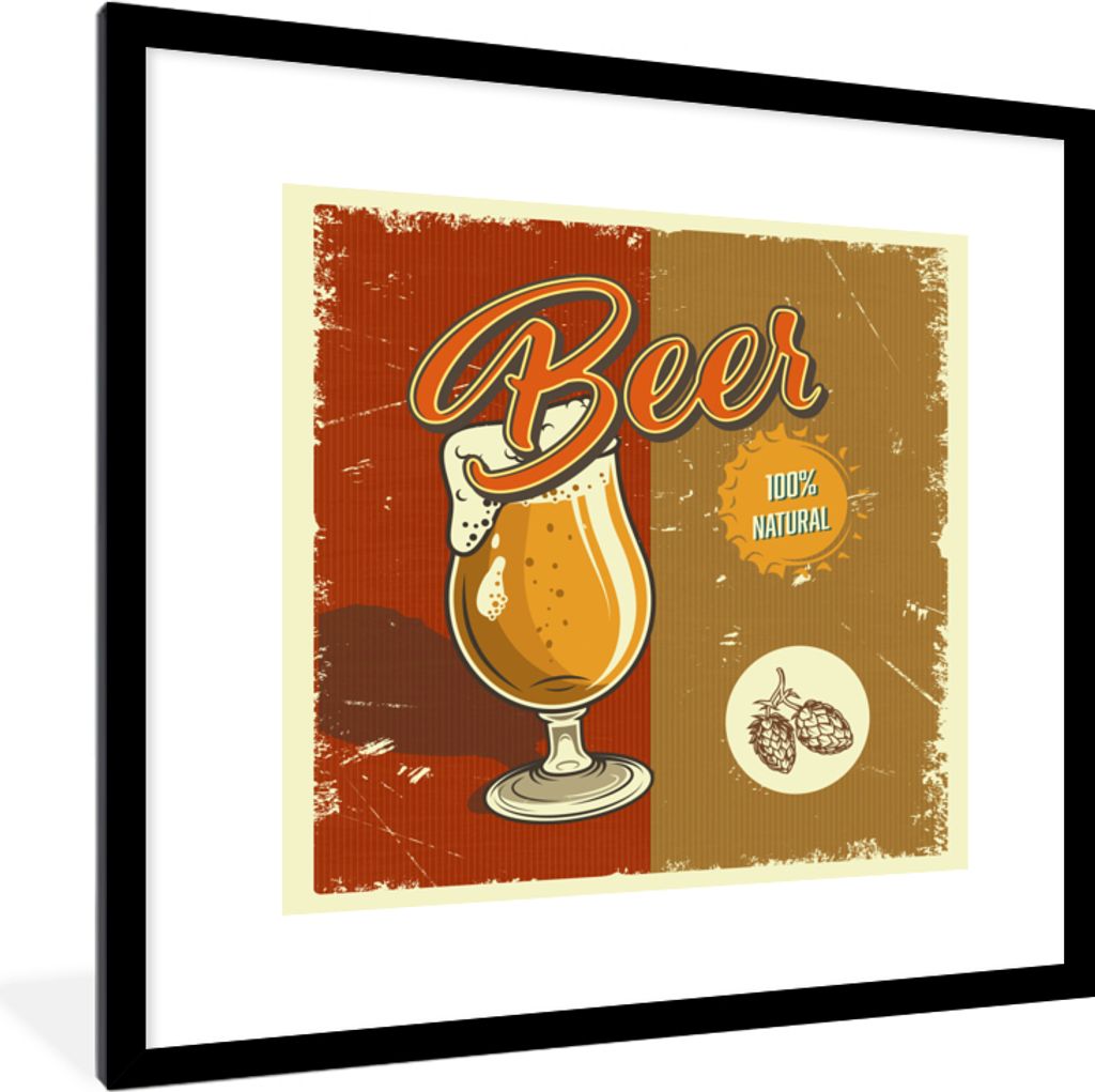 MuchoWow MuchoWow Gerahmtes Poster Mancave - Bier - Glas - Vintage 40x40 cm - Poster mit zchwarzem Bilderrahmen - Poster - Plakat im Rahmen