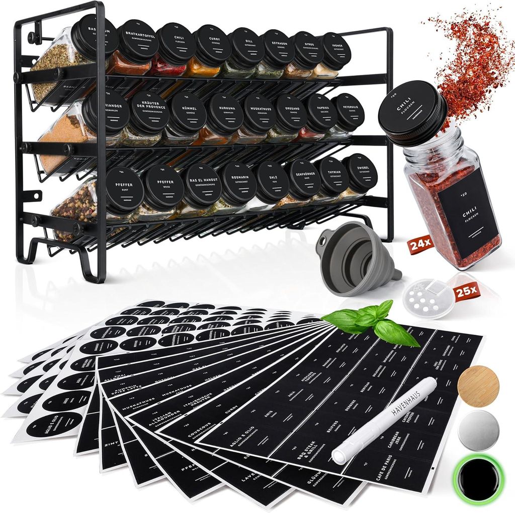 Gewürzregal Set Schwarz | Stehend oder Wandmontage | 24 Gewürzgläser + 336 Gewürzetiketten Deutsch & Accessoires | Modernes Design | Lebensmitt...