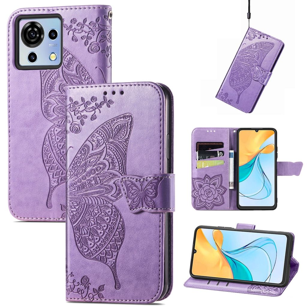 Für ZTE Blade V50 Vita Kunstleder Wallet Handy Tasche Schmetterling Design Schutz Hülle Case Cover Etuis Hell-Lila