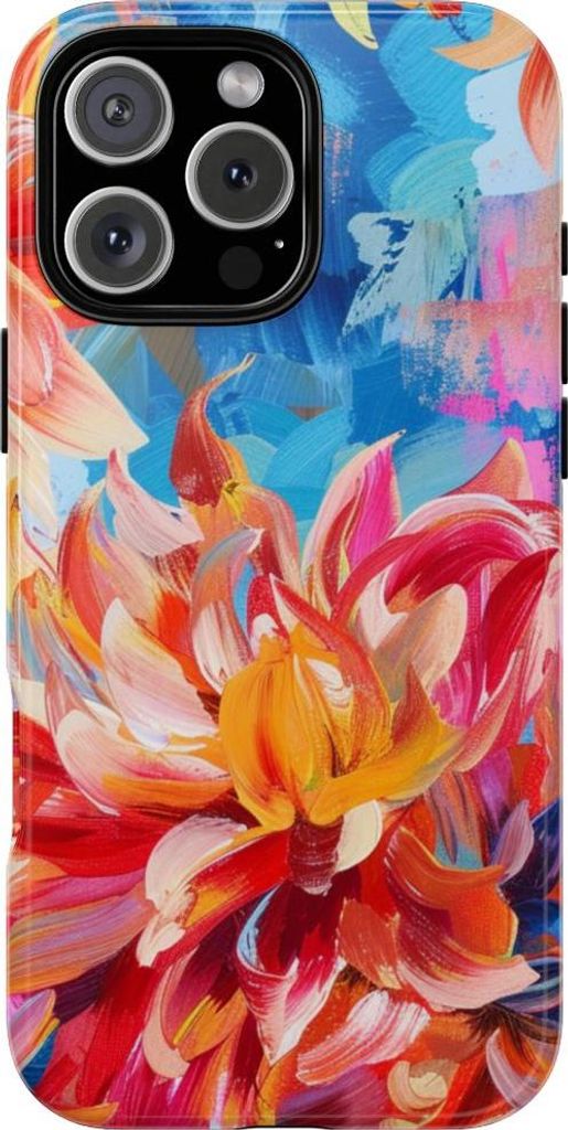Leuchtende Dahlien auf abstraktem blauem Hintergrund – Hülle Kompatibel mit iPhone 16 Pro Max