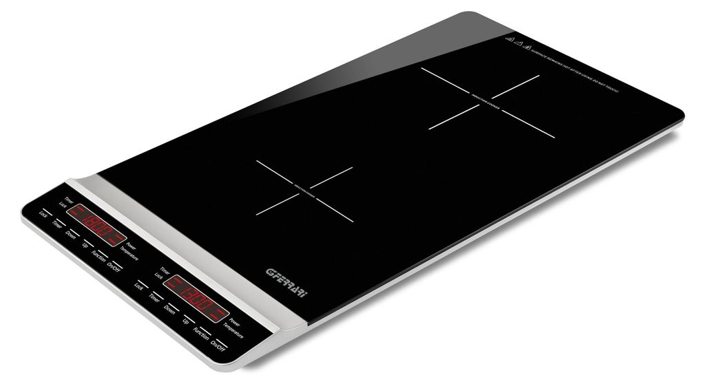 A black and silver induction cooktop with two cooking zones and a digital display.