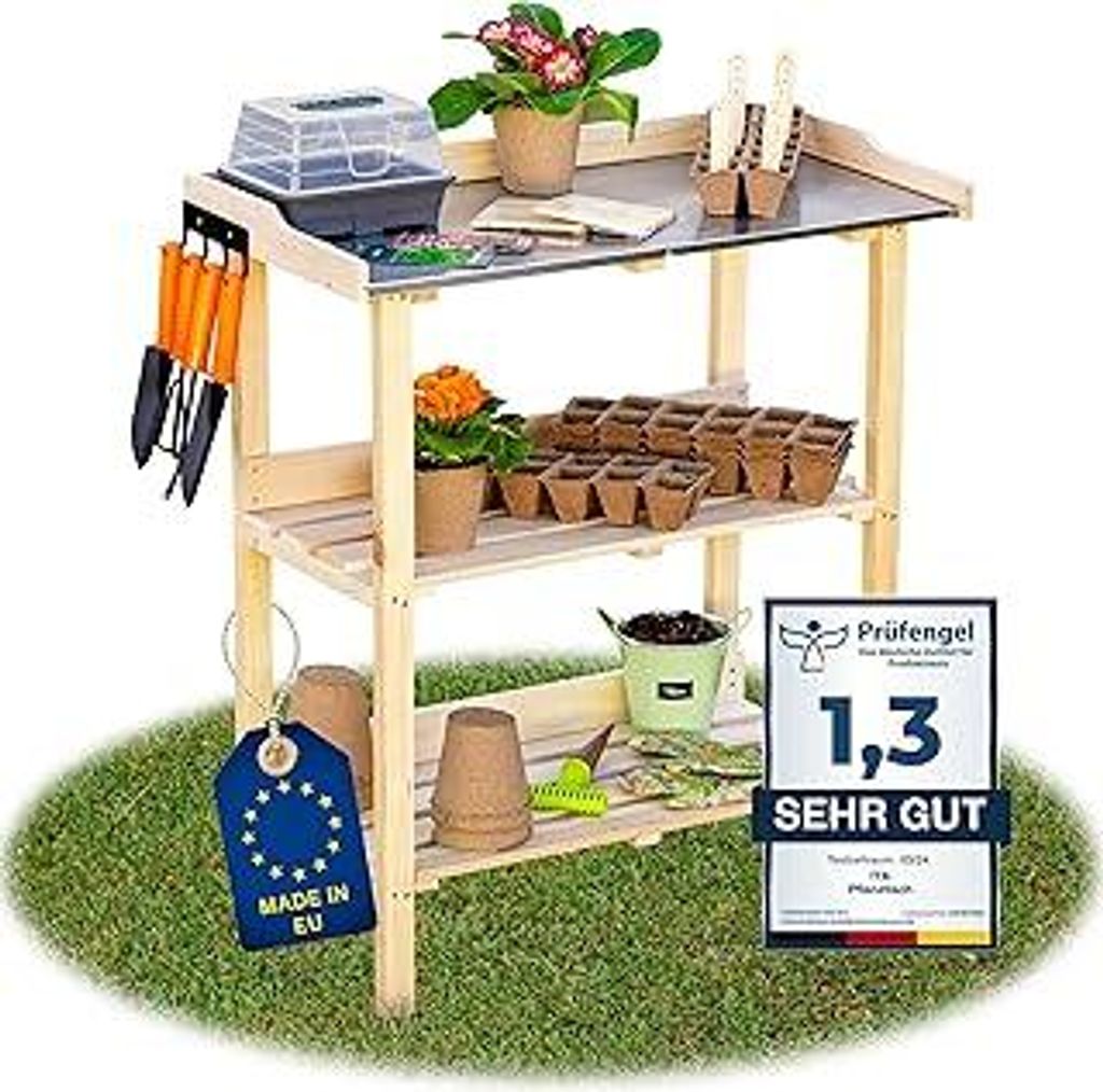 ITA Pflanztisch Premium - Pflanzentisch mit verzinkter Arbeitsplatte - Gärtnertisch aus Holz - Wetterfest - EU - Direkt vom Hersteller - - Outdoo...