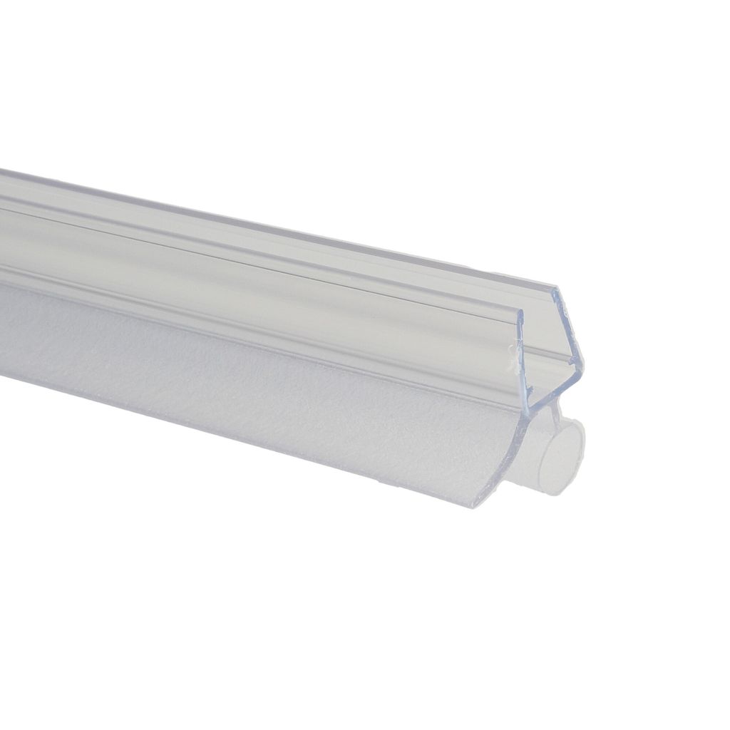 A close-up, angled view of a clear plastic shower door seal strip with a white rubber or plastic insert.