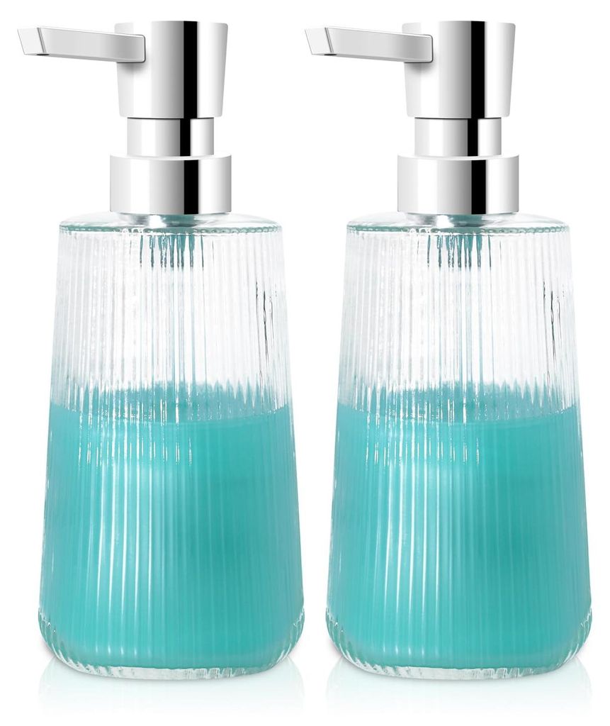 Seifenspender aus geriffeltem Glas, 250 ml, Küchenseifenspender mit Pumpe für Arbeitsplatte, Badezimmer und Küchenspüle (2 Stück, transparent)