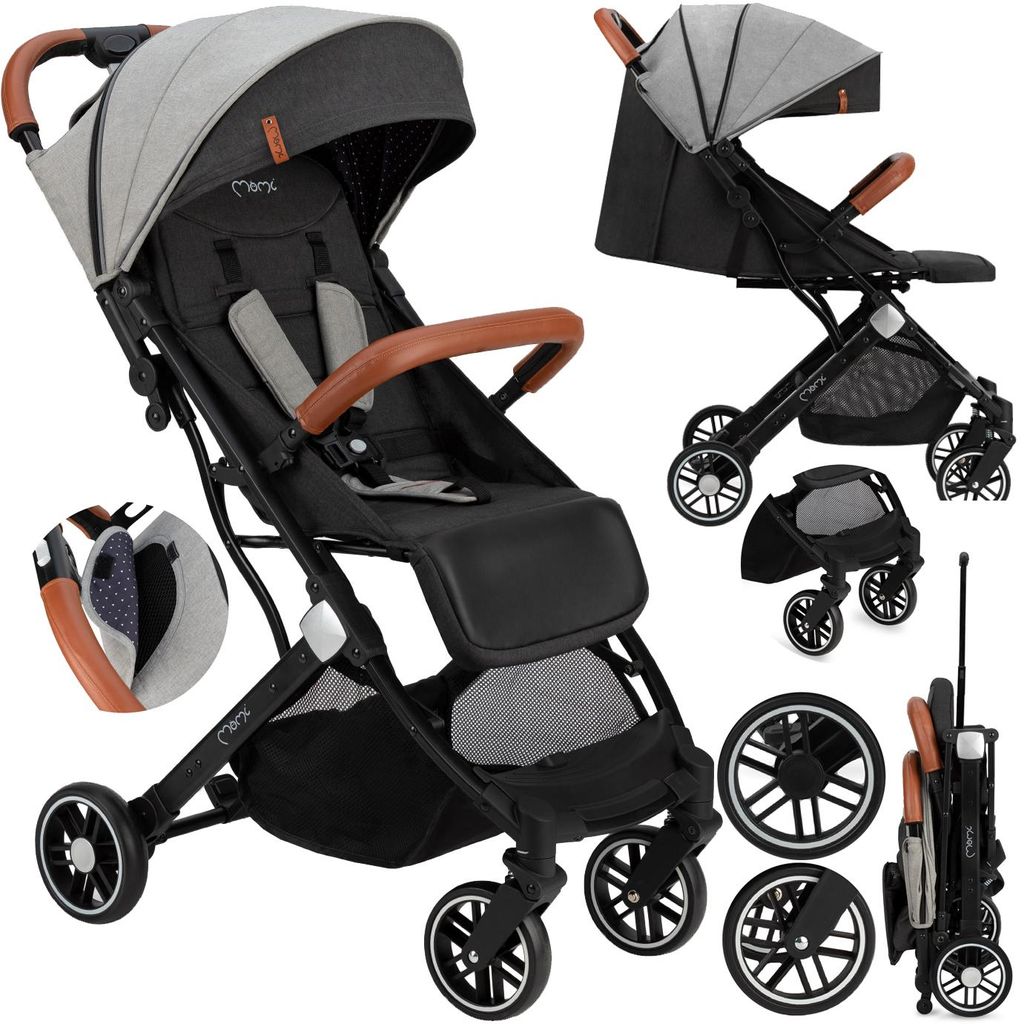 A collage of images showing a baby stroller from different angles, including a folded view and close-ups of its features.