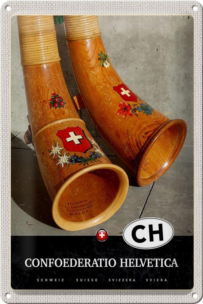 Blechschild Reise 20x30cm Confoederatio Helvetica Alphorn Urlaub