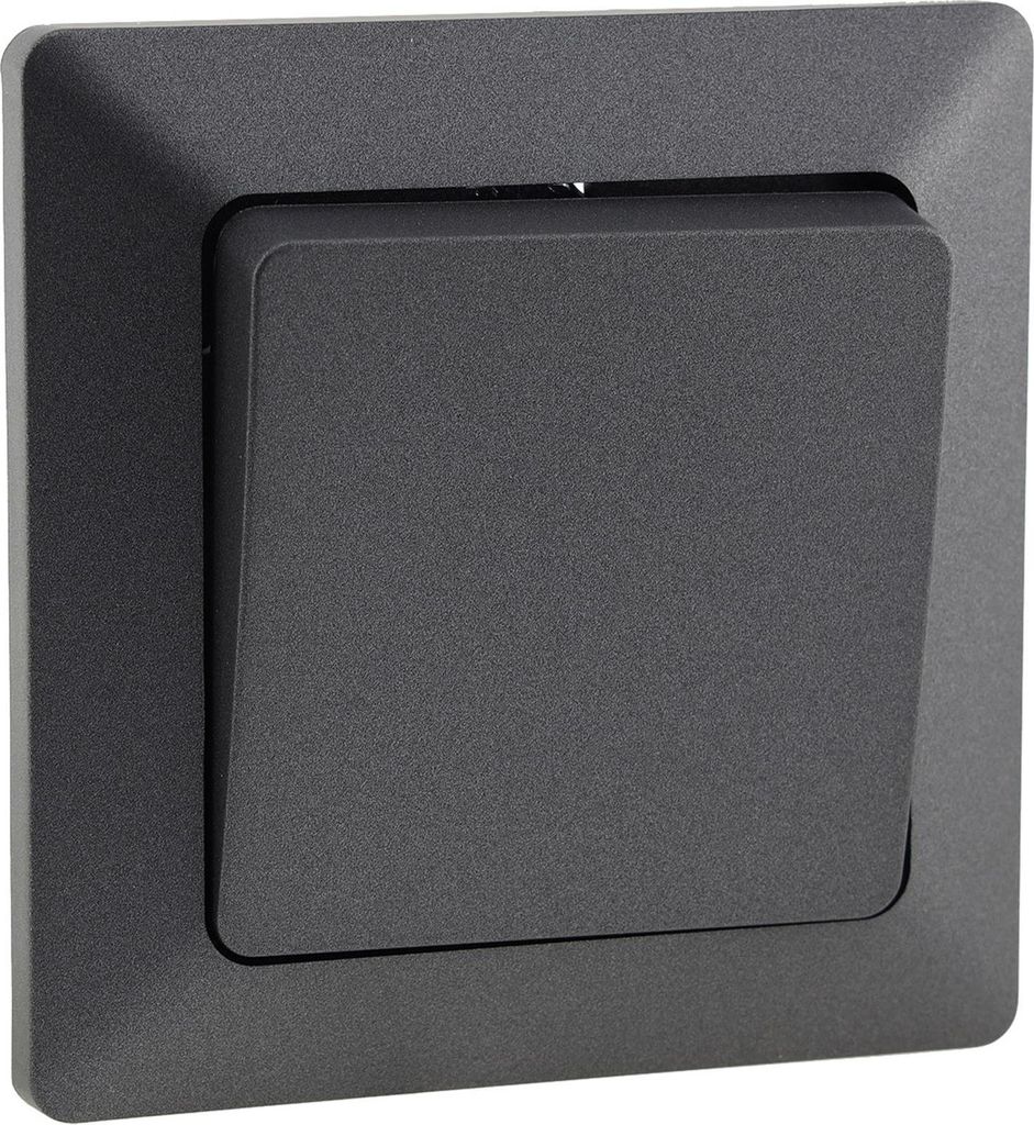 A close-up, front-facing view of a dark gray light switch with a raised button, mounted on a square plate.