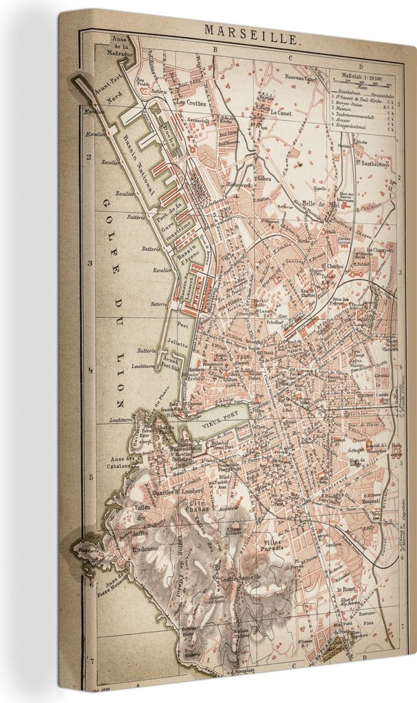 OneMillionCanvasses - Leinwandbilder - 90x140 cm, Illustration eines historischen Stadtplans des europäischen Marseille, Wandbilder Kunstdruck W...