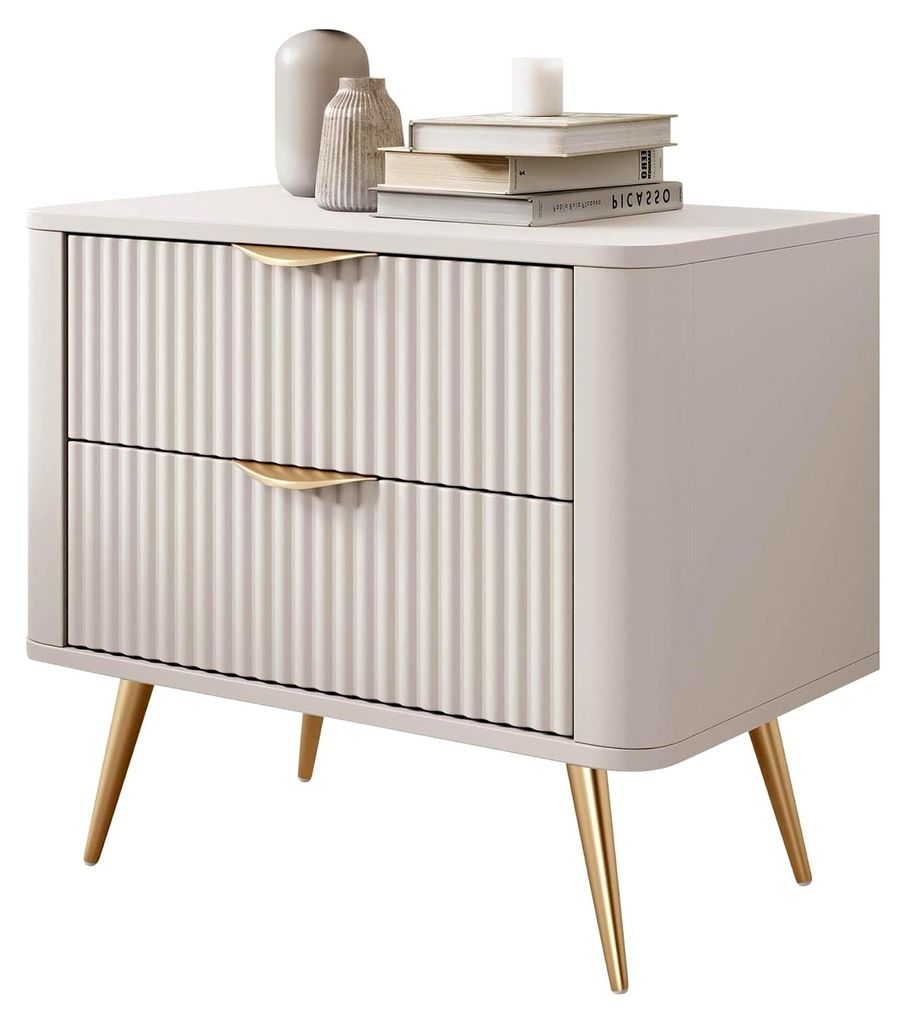 Nachttisch Literpo mit 2 Schubladen, geriffelten Fronten, Metallfüßen und Aluminiumgriffen (Beige)