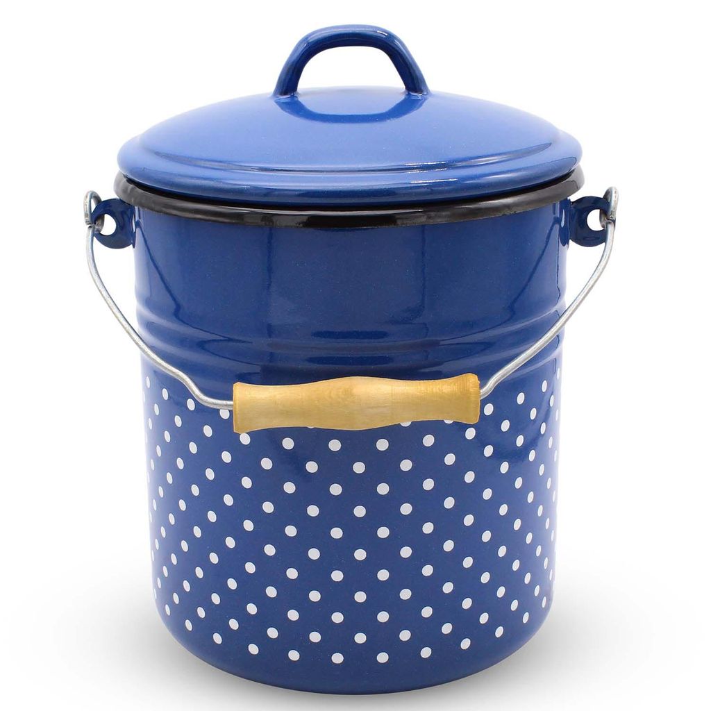 Emaille Eimer 5 Liter blau mit weißen Tupfen Holzgriff