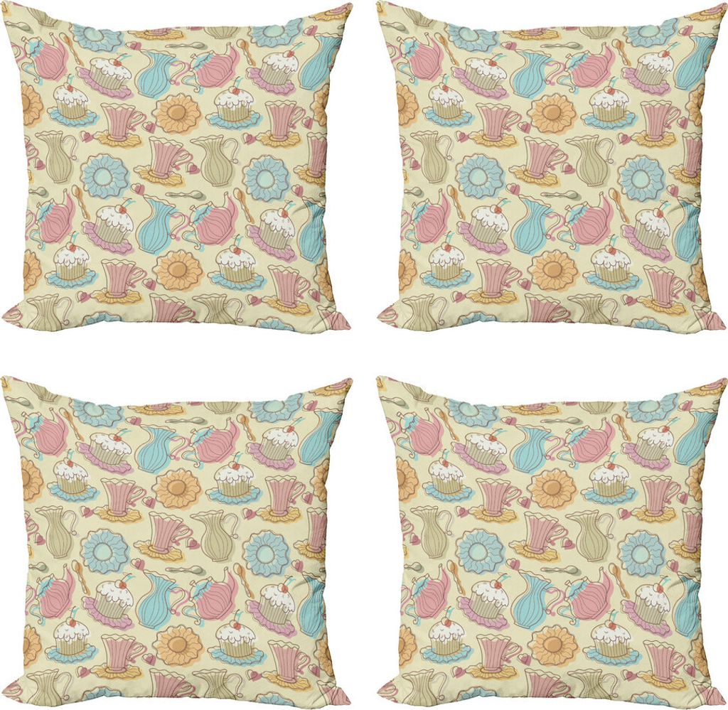 ABAKUHAUS Tee-Party Kissenbezug Set (4 Stück), Retro kleine Kuchen Tassen, Moderner Doppelseitiger Digitaldruck, 60 cm x 60 cm, Mehrfarbig