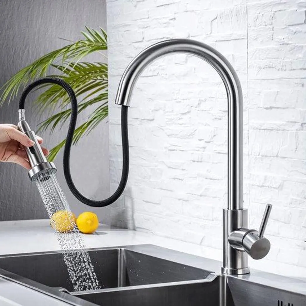 Mitigeur évier rotatif 360° avec douchette extractible en inox mat