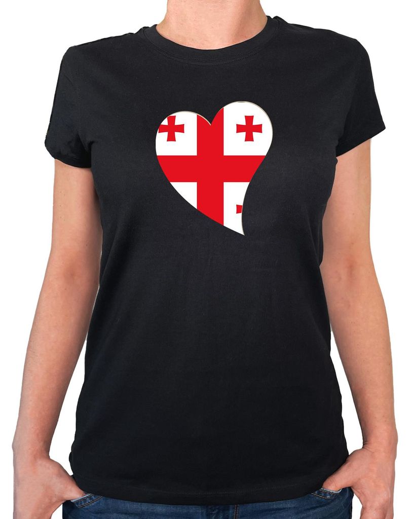 Huuraa Damen T-Shirt Georgien Flagge Herz S Black Bio Baumwolle Fairtrade Damenshirt Geschenkidee