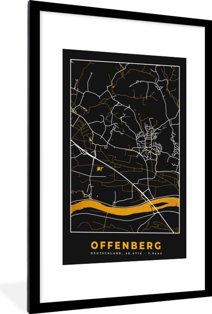 MuchoWow Gerahmtes Poster Deutschland - Schwarz und Gold - Offenberg - Stadtplan - Karte 60x90 cm - Poster mit Schwarzem Bilderrahmen Wandposter ...