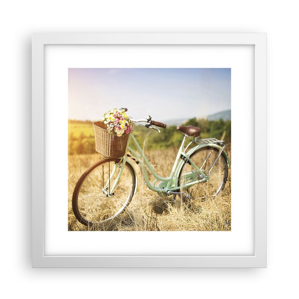 Gerahmtes Poster - Weißer Rahmen - Fahrrad Wiese Blumen - 30x30 cm - Wand Bild - Wanddeko - Wandbilder - Kunstposter - Wandposter - Bilderrahmen -...