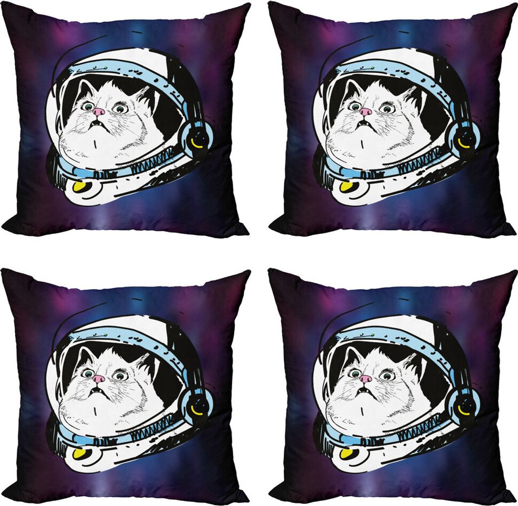 ABAKUHAUS Weltraum Kissenbezug Set (4 Stück), Kitten Astronaut Cosmic, Moderner Doppelseitiger Digitaldruck, 60 cm x 60 cm, lila Weiß