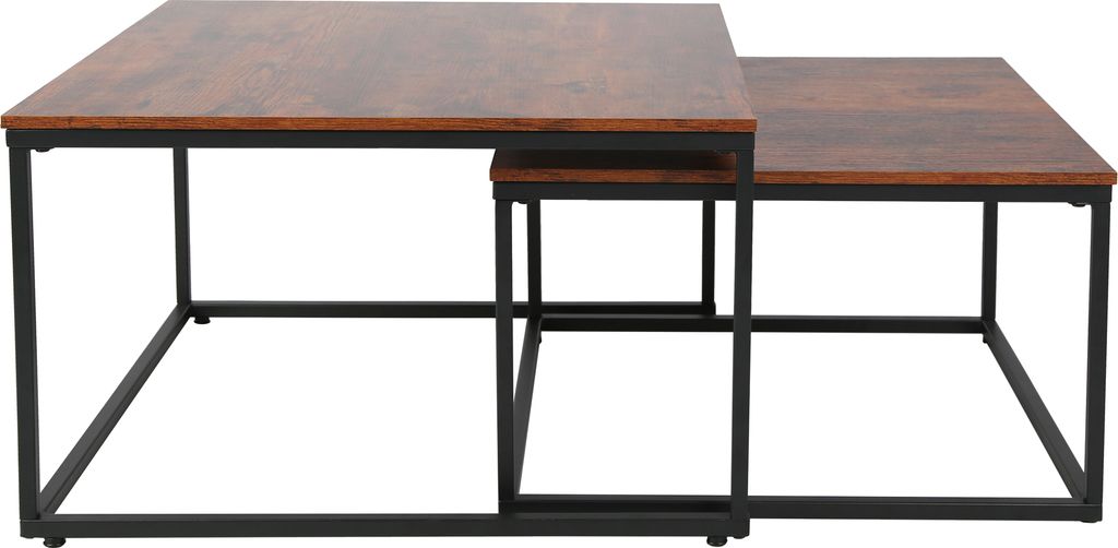 Couchtisch 2er Set aus Holz Wohnzimmertisch Modern in Beistelltisch Set 2 in 1 mit Metallgestell für Wohnzimmer, quadratisch, Eiche dunkel