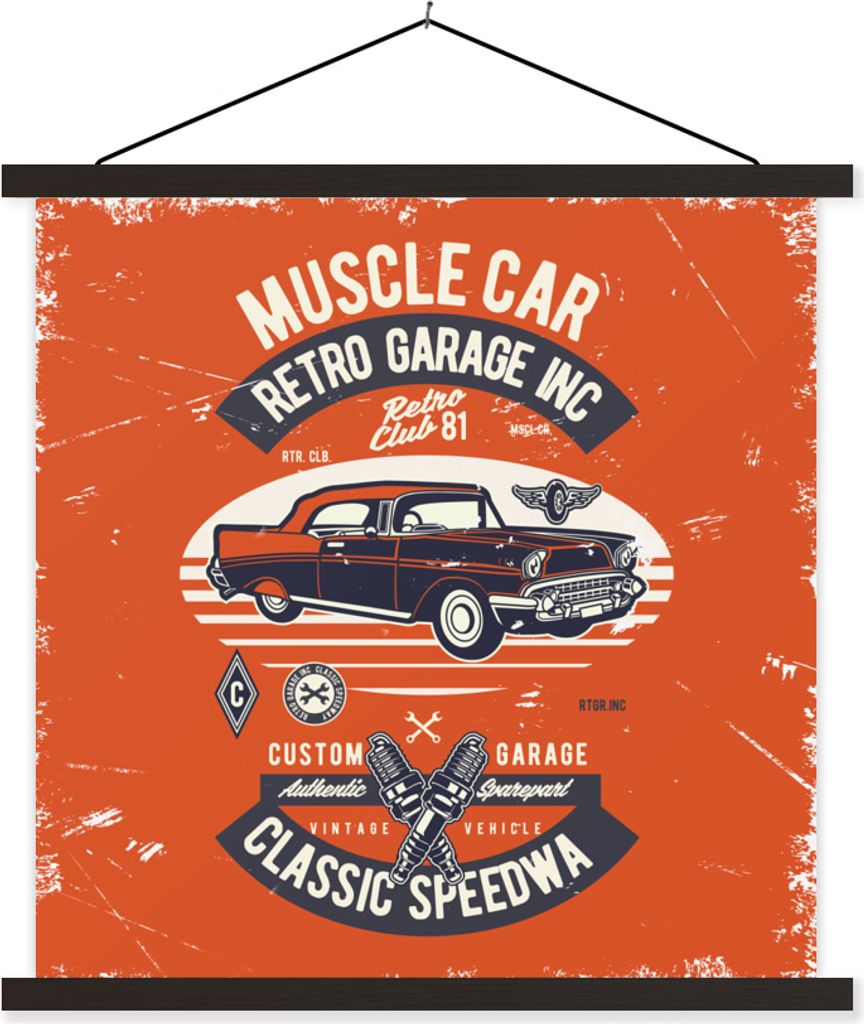 MuchoWow Textilposter Autos - Oldtimer - Zeichnung 120x120 cm mit schwarzem Rahmen - Aufhängungsset