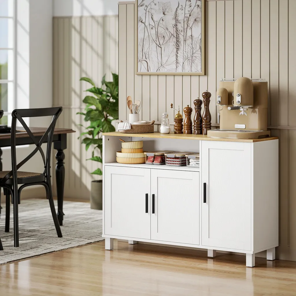 Buffet de Cuisine Moderne Blanc avec Étagères Réglables et Rangement