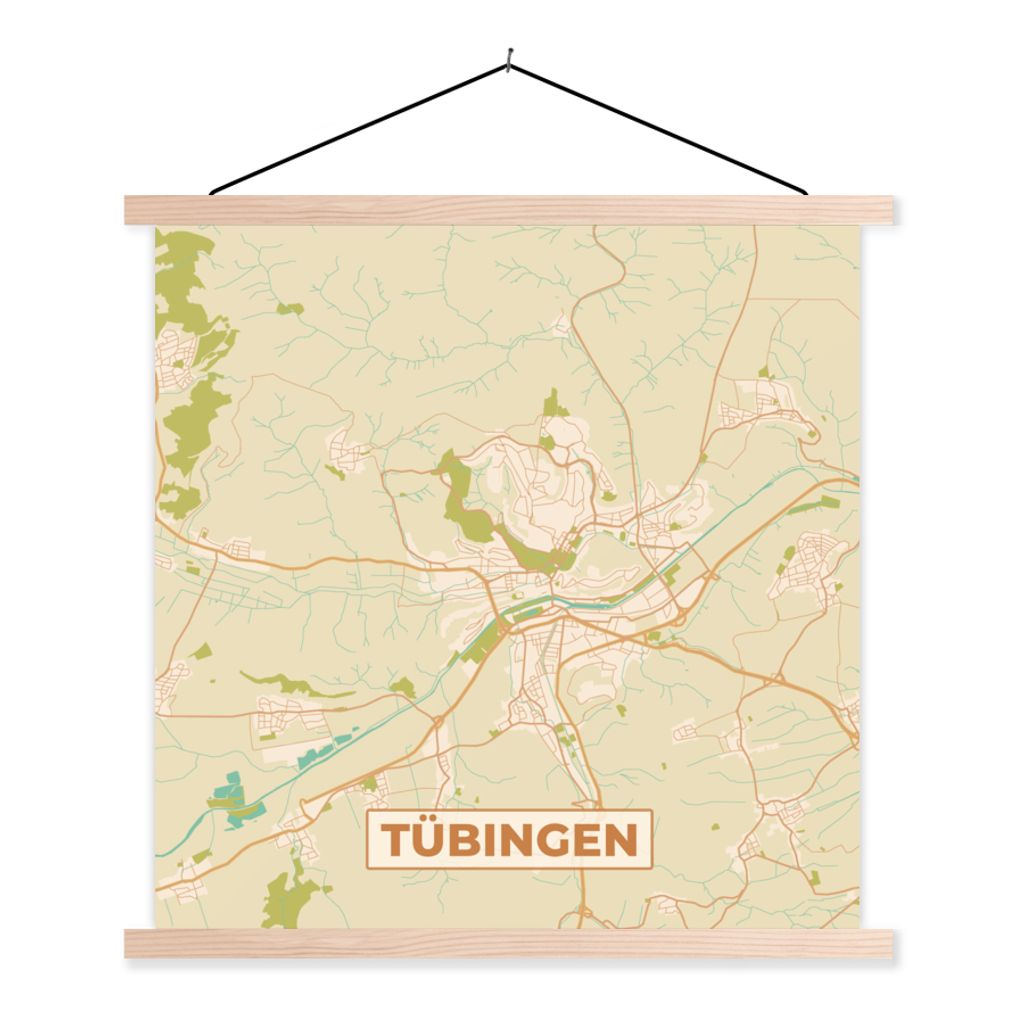 MuchoWow Textilposter Stadtplan - Vintage - Tübingen - Karte 60x60 cm mit holzfarbenen Rahmen - Wanddekoration