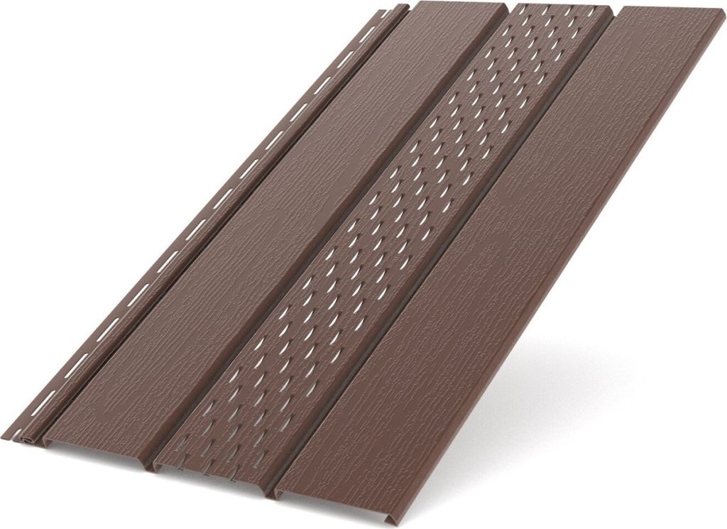 Several pieces of brown vinyl siding are laid out diagonally on a white background.
