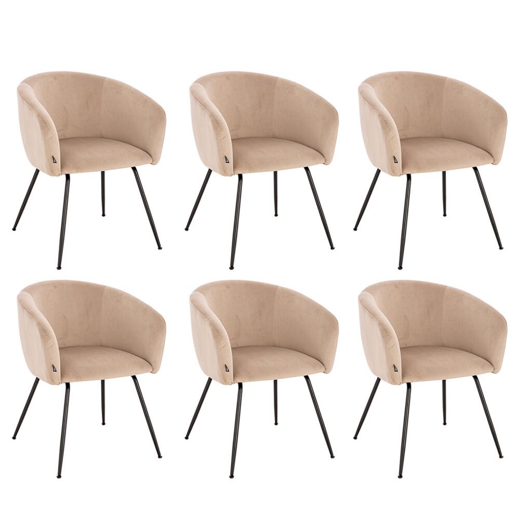 Six beige upholstered chairs with black metal legs are arranged in two rows of three against a white background.