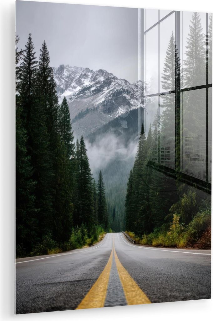 MuchoWow Glasbilder - Bilder auf Wandbild - Foto auf Glas Fichtenwald - Straße - Berge - Schnee 60x80 cm Wanddekoration aus Glas - Acrylglasbild -...