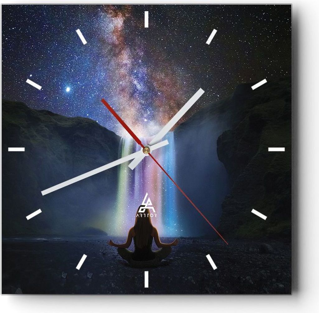 Wanduhr - Quadrat - Glasuhr - Wasserfall die Sterne Meditation - 40x40cm - Schleichendes Uhrwerk - Lautlos - zum Aufhängen bereit - Dekoration Mod...