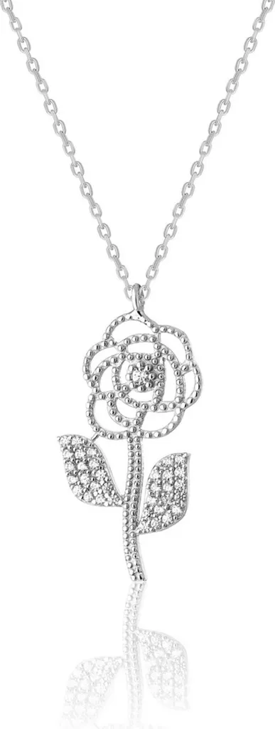 Bijou Femme : Collier Pendentif Rose Argent 925 et Cristaux Brillants
