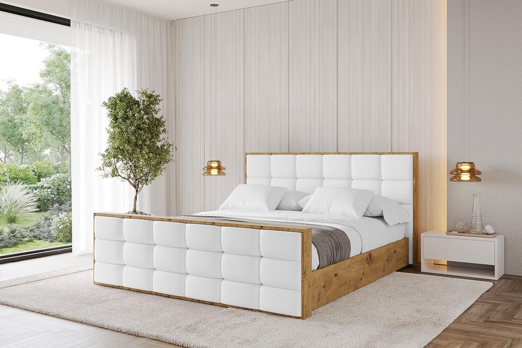 ALTDECOR Polsterbett mit Bettkasten - ENZO2-Z - 200x200 Weiß Kunstleder- Bett mit Matratze H3/H4, Kopfteil und Fußteil, Boxbett, Doppelbett mit S...