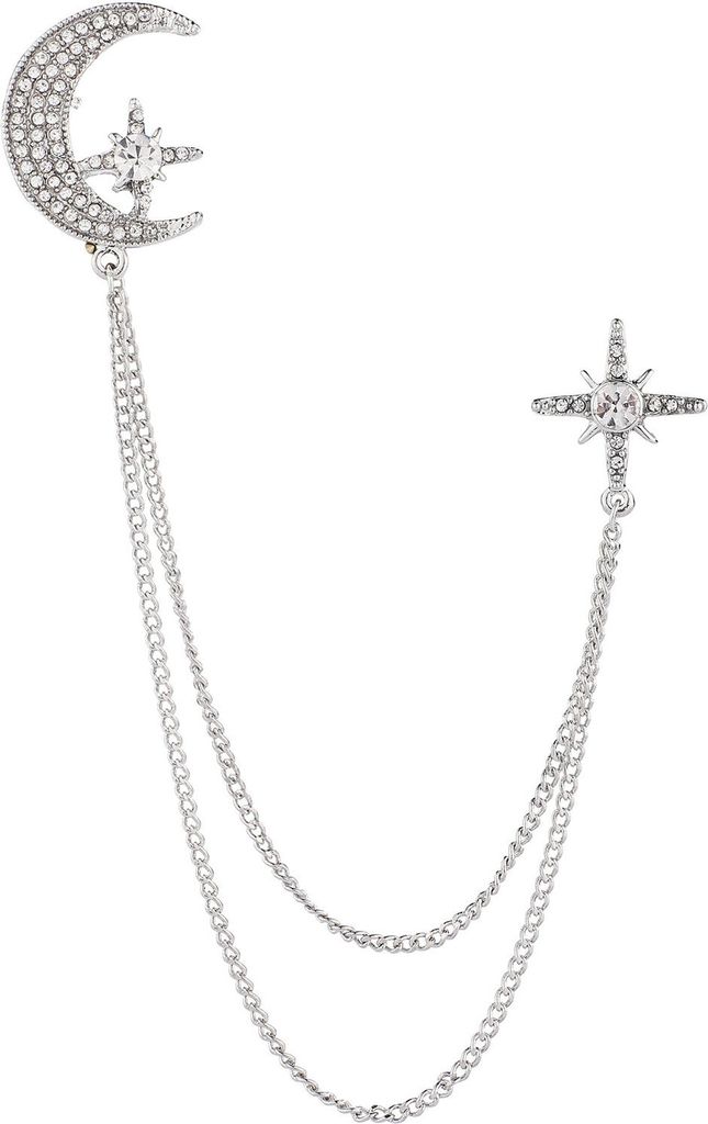 Stern Mond Brosche Schillernde Strass Intarsien Hängende Kette Elegante Männer Frauen Anzug Revers Kragen Pin Mode Schmuck-Silber Weiss