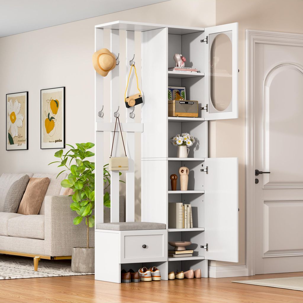 85*33.5*200cm Kompaktgarderoben,Startseite Möbel Mit 2 Schränken,Aufbewahrungsschrank aus gehärtetem Glas, Garderoben-Set Weißer Eingangsschran...