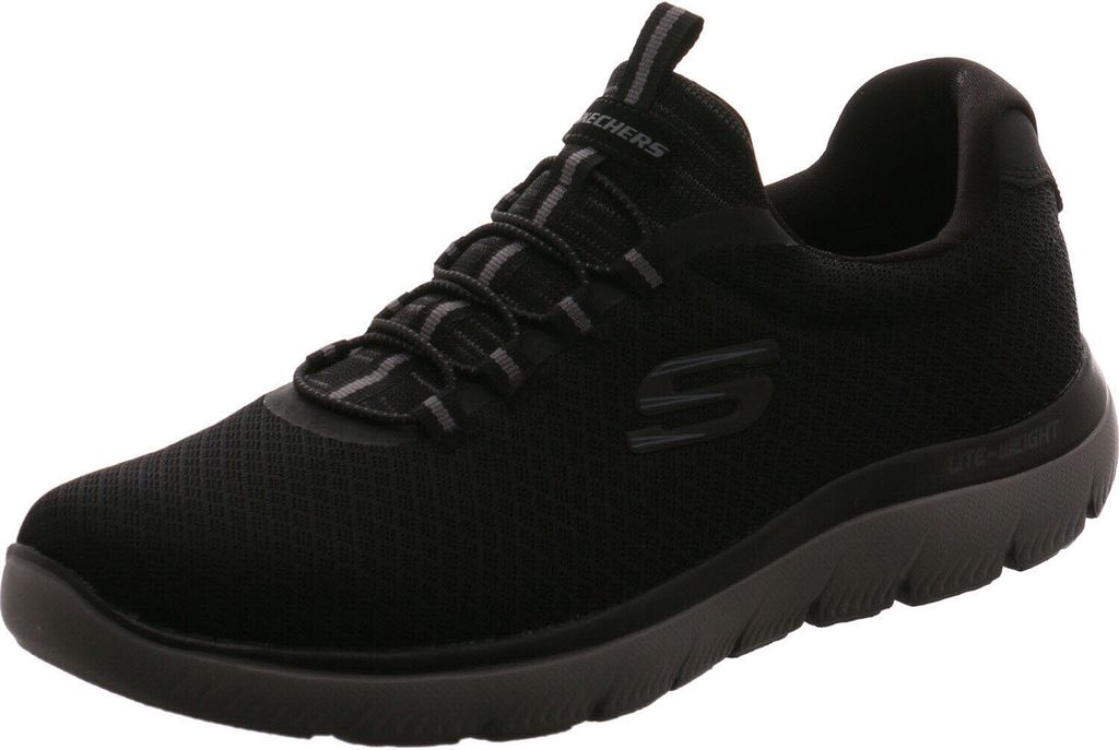 A black Skechers sneaker is shown from a side angle against a white background.