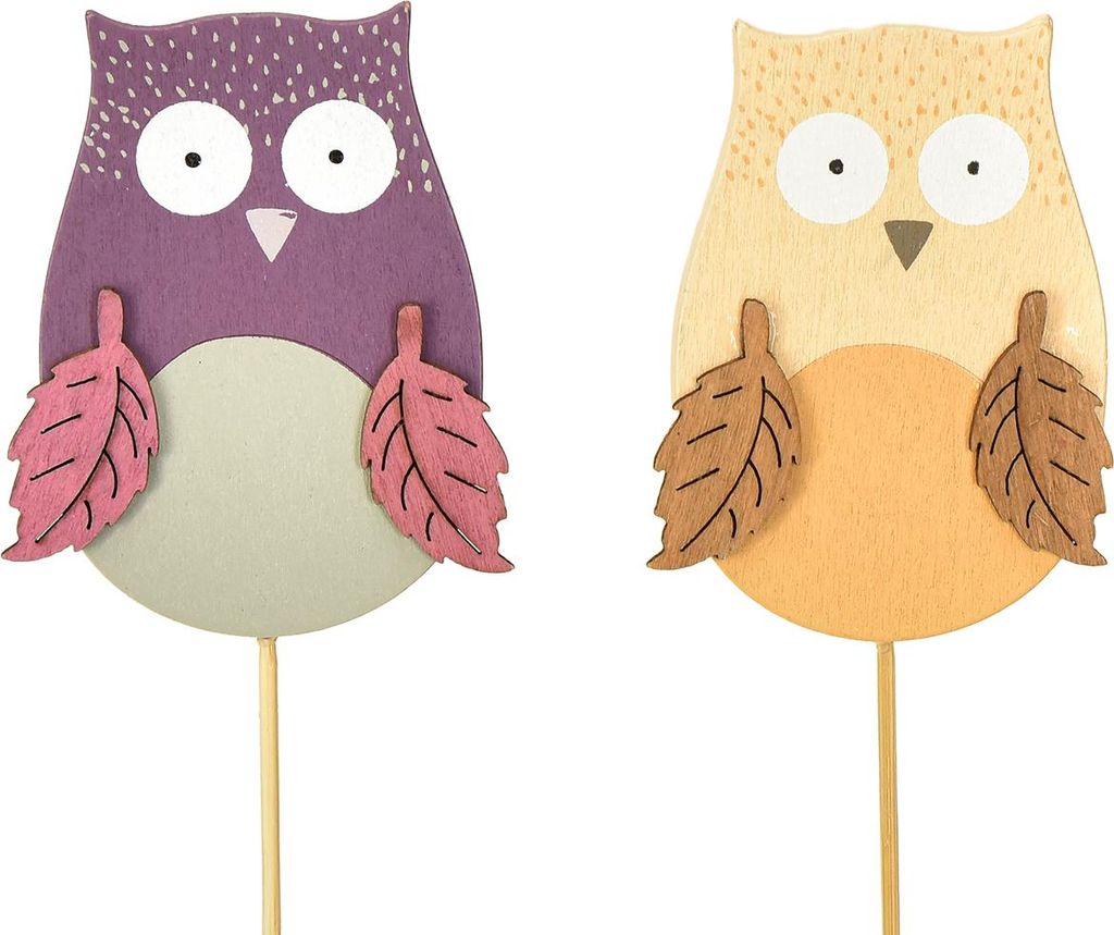 Blumenstecker Eule Holz Deko Herbst Lila Braun 8cm 12St Pflanzenstecker, PK12 Stück