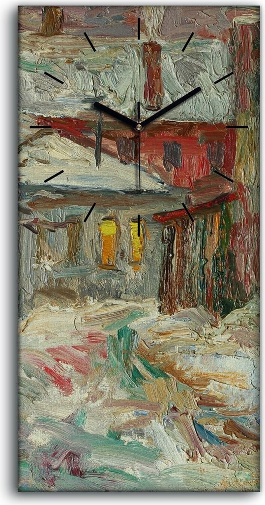 Leinwand Uhr Küche Wohnzimmer Bild 30x60 Ölgemälde Dorf Winter Schnee Kunst - schwarze Hände